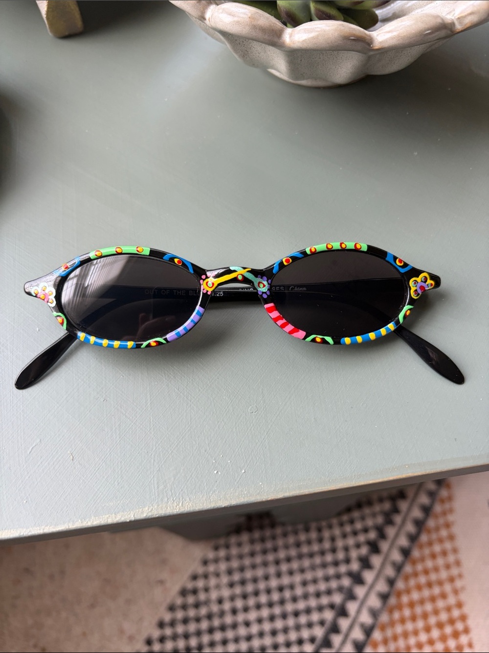 Black Oval Sunglasses with Multicolor Hand-Painted Accents